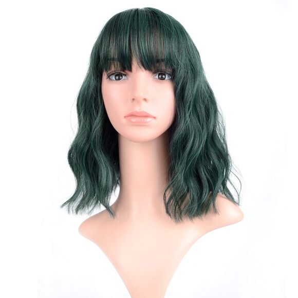 Women's Short Mix Green Wigs Curly Wavy Shoulder Length Pastel Bob - Picture 2 of 3